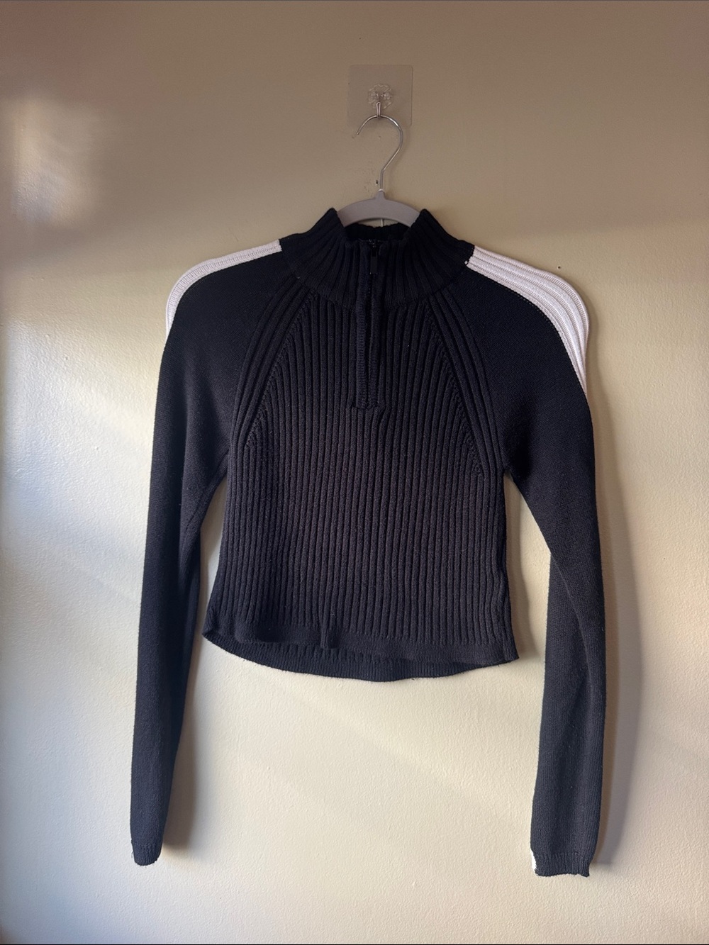 Urban Outfitters Black Ribbed Half-Zip Sweater with White Shoulder Stripes
